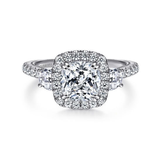 Gabriel - Vintage Inspired 14K White Gold Cushion Three Stone Halo Diamond Engagement Ring