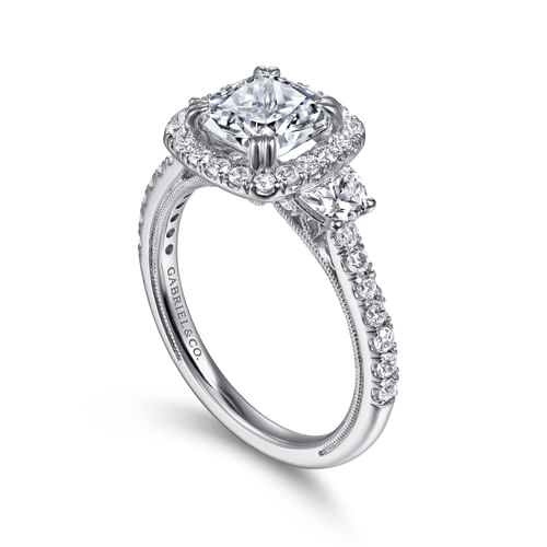 Vintage Inspired 14K White Gold Cushion Three Stone Halo Diamond Engagement Ring