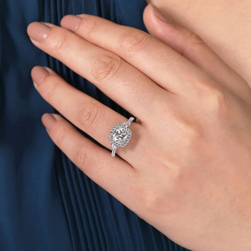 Vintage Inspired 14K White Gold Cushion Three Stone Halo Diamond Engagement Ring