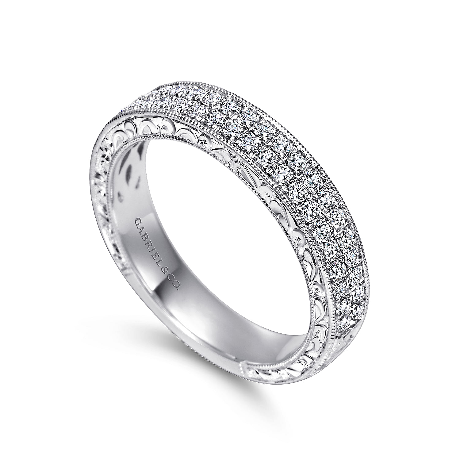 Vintage Inspired 14K White Gold Diamond Anniversary Band with Hand Engraving