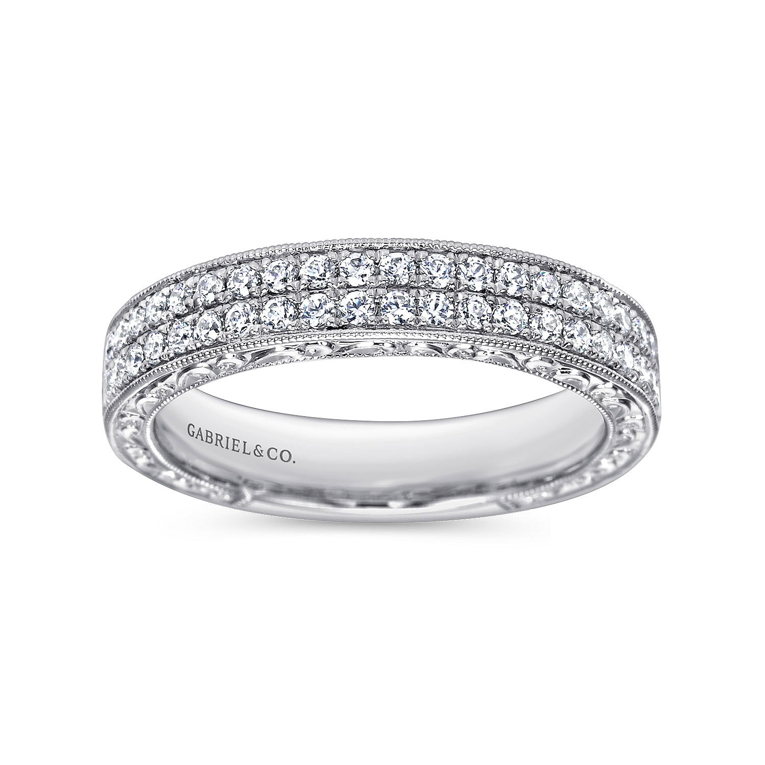 Vintage Inspired 14K White Gold Diamond Anniversary Band with Hand Engraving