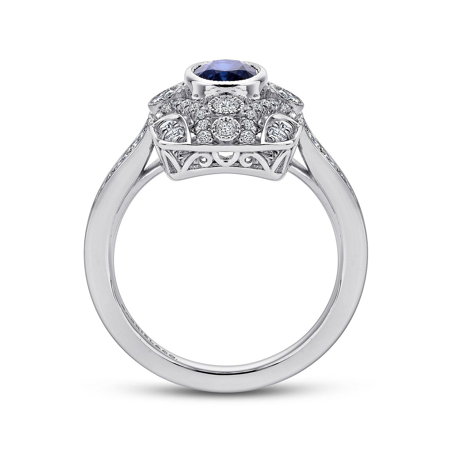 Vintage Inspired 14K White Gold Diamond Ring with Oval Sapphire Center