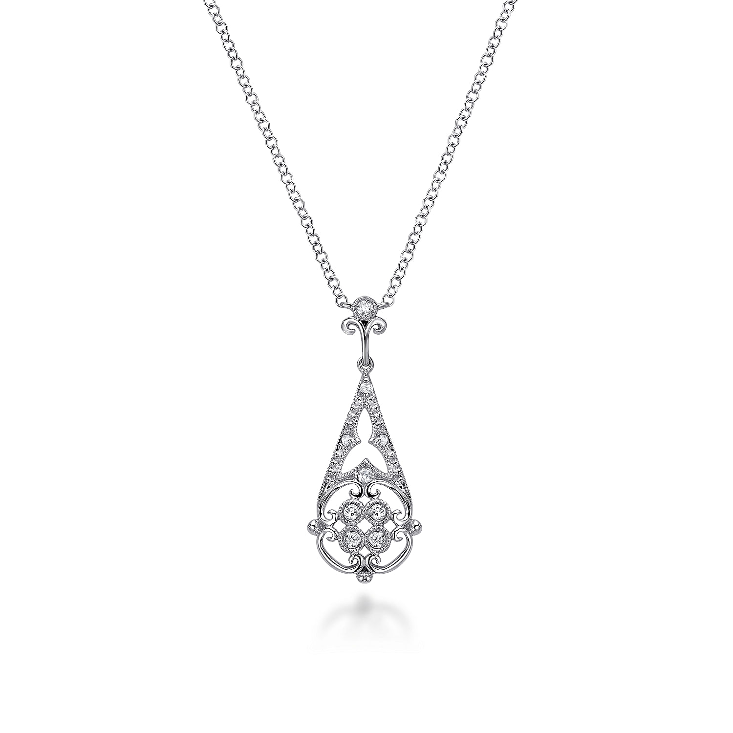 Vintage Inspired 14K White Gold Diamond Teardrop Pendant Necklace