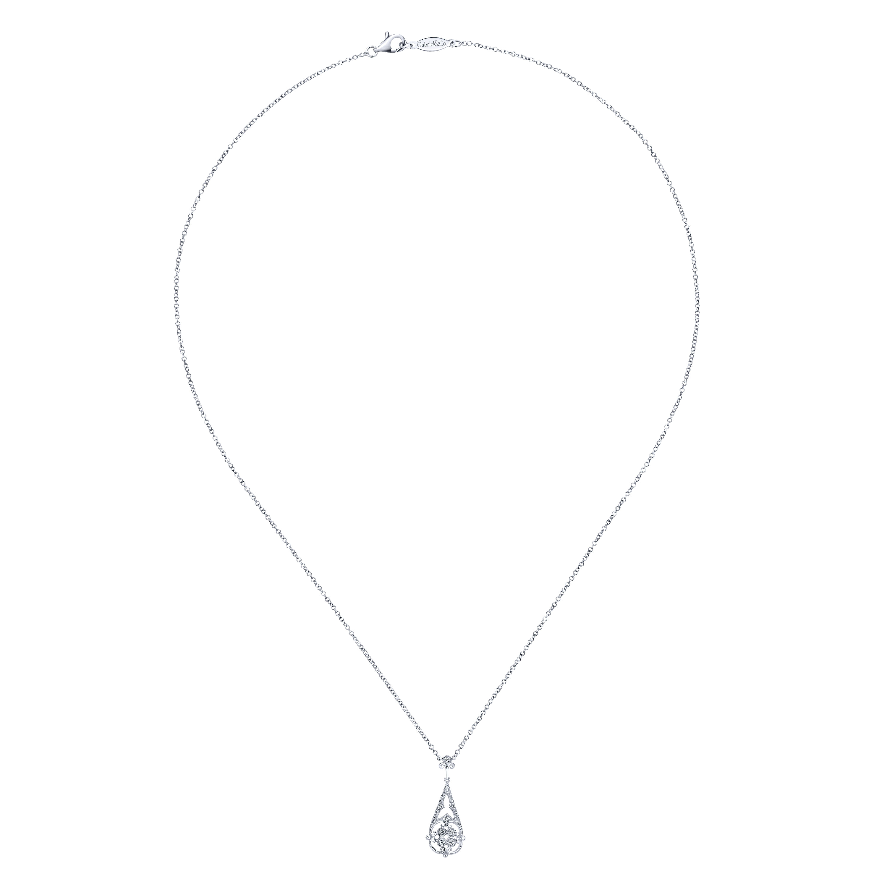 Vintage Inspired 14K White Gold Diamond Teardrop Pendant Necklace