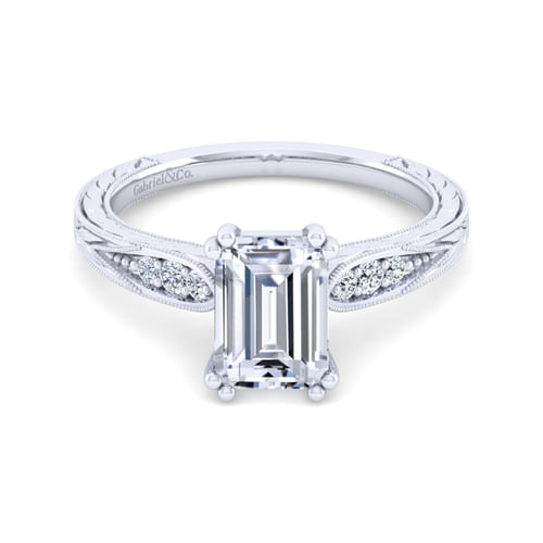 Vintage Inspired 14K White Gold Emerald Cut Diamond Engagement Ring