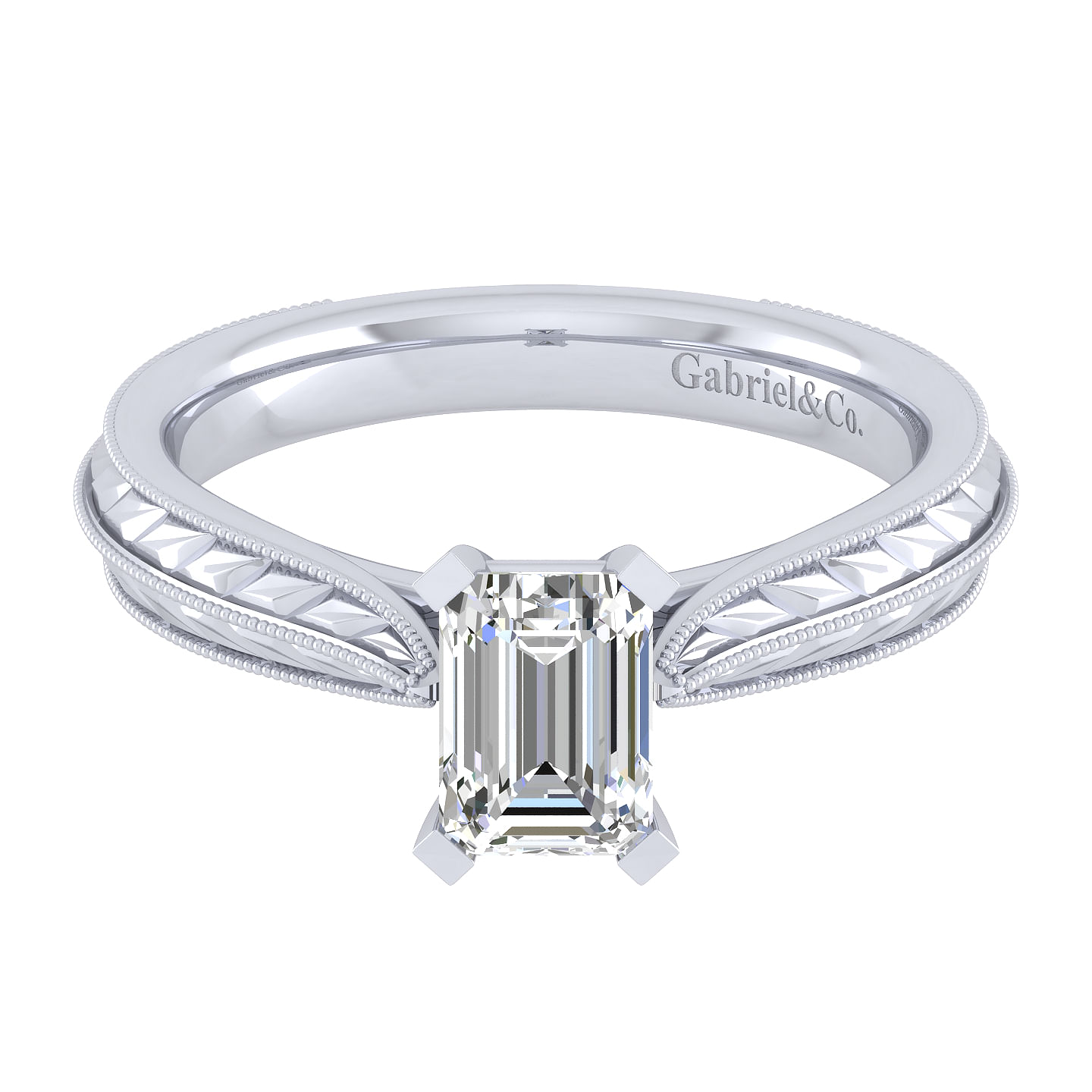 Vintage Inspired 14K White Gold Emerald Cut Solitaire Engagement Ring