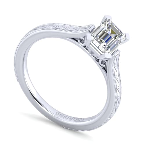 Vintage Inspired 14K White Gold Emerald Cut Solitaire Engagement Ring