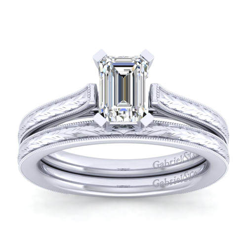 Vintage Inspired 14K White Gold Emerald Cut Solitaire Engagement Ring