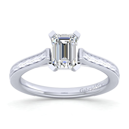 Vintage Inspired 14K White Gold Emerald Cut Solitaire Engagement Ring