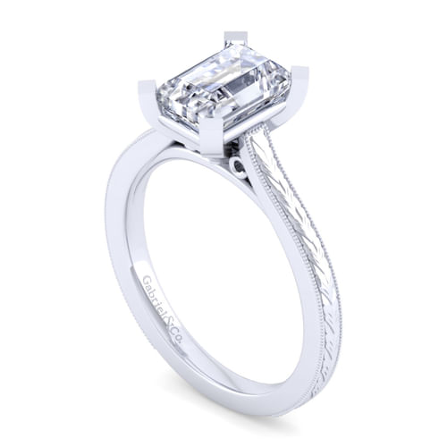 Vintage Inspired 14K White Gold Emerald Cut Solitaire Engagement Ring