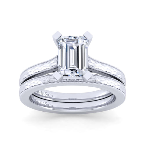Vintage Inspired 14K White Gold Emerald Cut Solitaire Engagement Ring