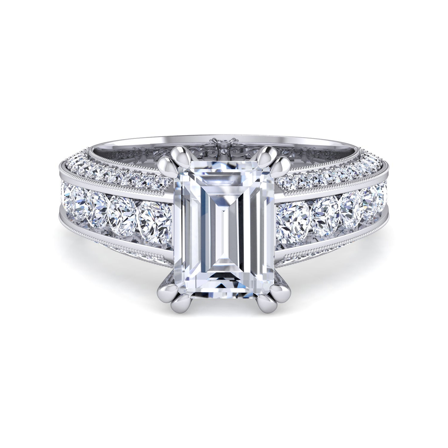 Gabriel - Vintage Inspired 14K White Gold Emerald Cut Wide Band Diamond Channel Set Engagement Ring