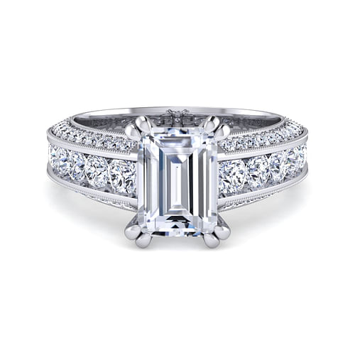 Vintage Inspired 14K White Gold Emerald Cut Wide Band Diamond Channel Set Engagement Ring