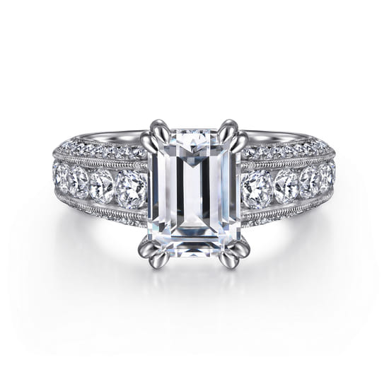 Gabriel - Vintage Inspired 14K White Gold Emerald Cut Wide Band Diamond Channel Set Engagement Ring