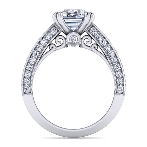 Vintage Inspired 14K White Gold Emerald Cut Wide Band Diamond Channel Set Engagement Ring