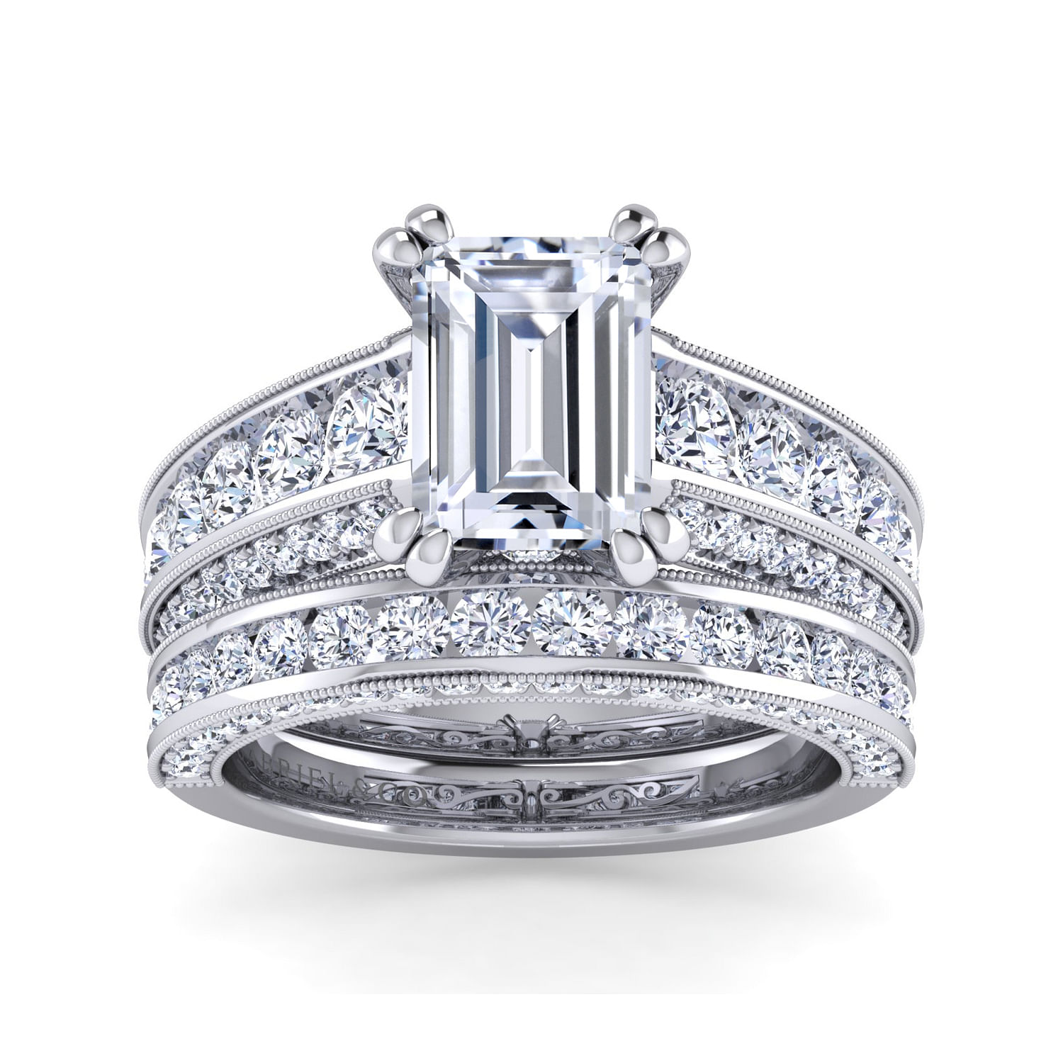 Vintage Inspired 14K White Gold Emerald Cut Wide Band Diamond Channel Set Engagement Ring