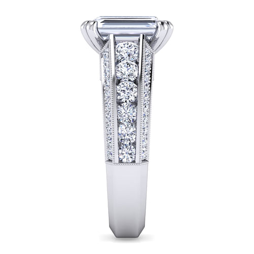 Vintage Inspired 14K White Gold Emerald Cut Wide Band Diamond Channel Set Engagement Ring