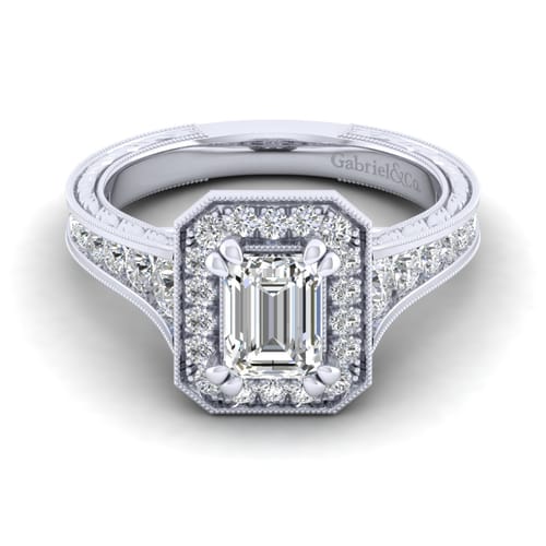 Vintage Inspired 14K White Gold Emerald Halo Diamond Channel Set Engagement Ring Vintage Inspired 14K White Gold Emerald Halo Diamond Channel Set Engagement Ring