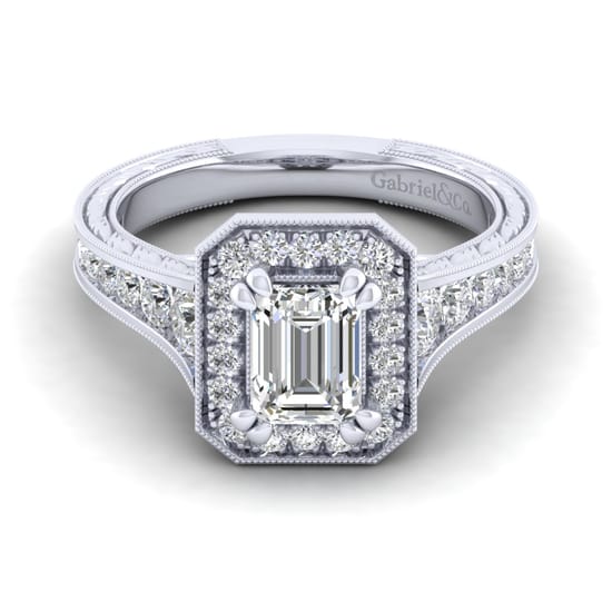 Gabriel - Vintage Inspired 14K White Gold Emerald Halo Diamond Channel Set Engagement Ring Gabriel - Vintage Inspired 14K White Gold Emerald Halo Diamond Channel Set Engagement Ring