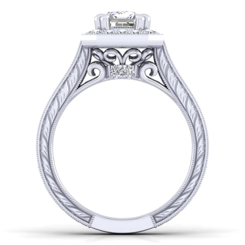 Vintage Inspired 14K White Gold Emerald Halo Diamond Channel Set Engagement Ring Vintage Inspired 14K White Gold Emerald Halo Diamond Channel Set Engagement Ring