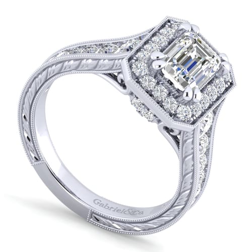 Vintage Inspired 14K White Gold Emerald Halo Diamond Channel Set Engagement Ring Vintage Inspired 14K White Gold Emerald Halo Diamond Channel Set Engagement Ring