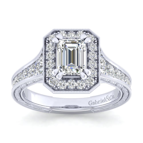 Vintage Inspired 14K White Gold Emerald Halo Diamond Channel Set Engagement Ring Vintage Inspired 14K White Gold Emerald Halo Diamond Channel Set Engagement Ring