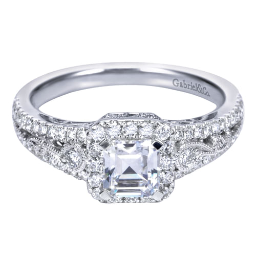 Vintage Inspired 14K White Gold Emerald Halo Diamond Engagement Ring