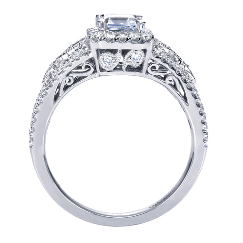 Vintage Inspired 14K White Gold Emerald Halo Diamond Engagement Ring