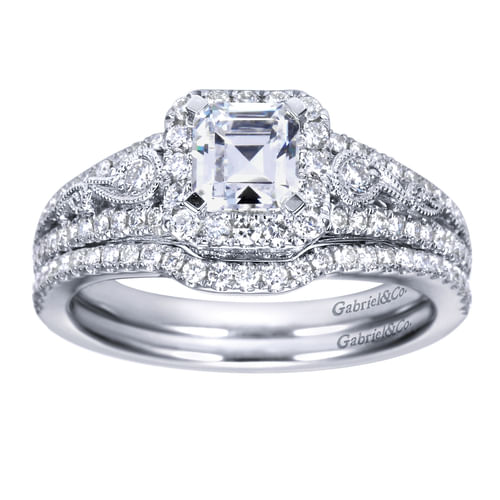 Vintage Inspired 14K White Gold Emerald Halo Diamond Engagement Ring