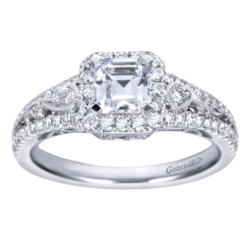 Vintage Inspired 14K White Gold Emerald Halo Diamond Engagement Ring