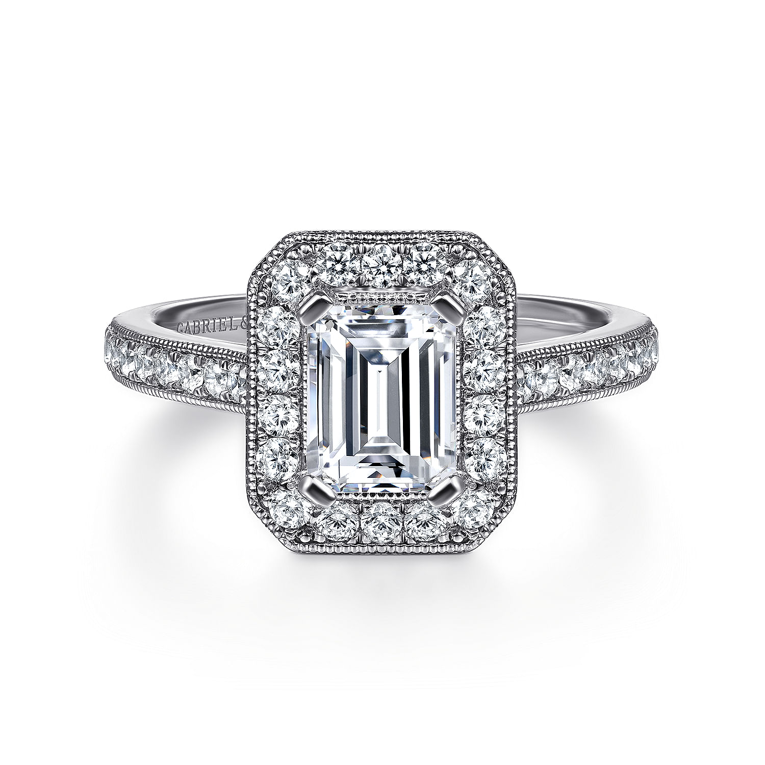 Gabriel - Vintage Inspired 14K White Gold Emerald Halo Diamond Engagement Ring