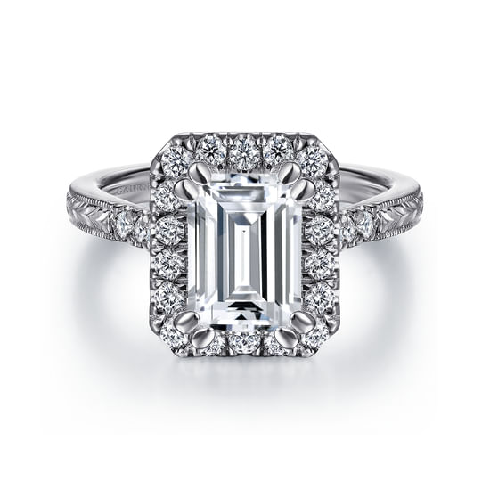 Gabriel - Vintage Inspired 14K White Gold Emerald Halo Diamond Engagement Ring