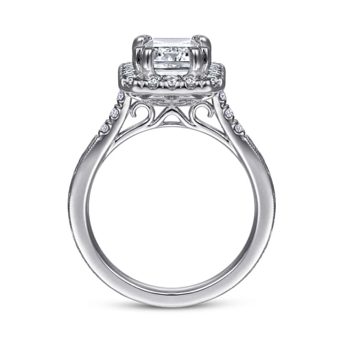 Vintage Inspired 14K White Gold Emerald Halo Diamond Engagement Ring
