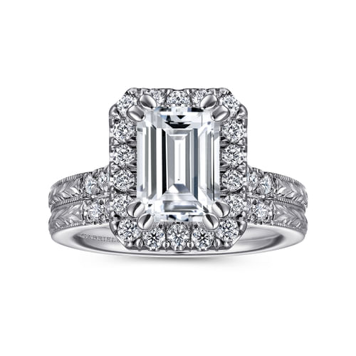 Vintage Inspired 14K White Gold Emerald Halo Diamond Engagement Ring