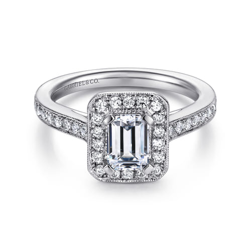 Vintage Inspired 14K White Gold Emerald Halo Diamond Engagement Ring