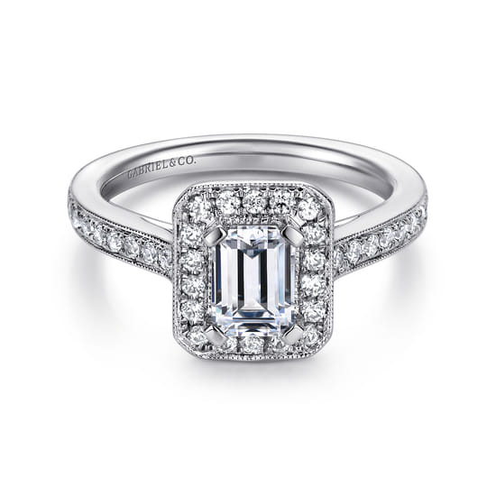 Gabriel - Vintage Inspired 14K White Gold Emerald Halo Diamond Engagement Ring