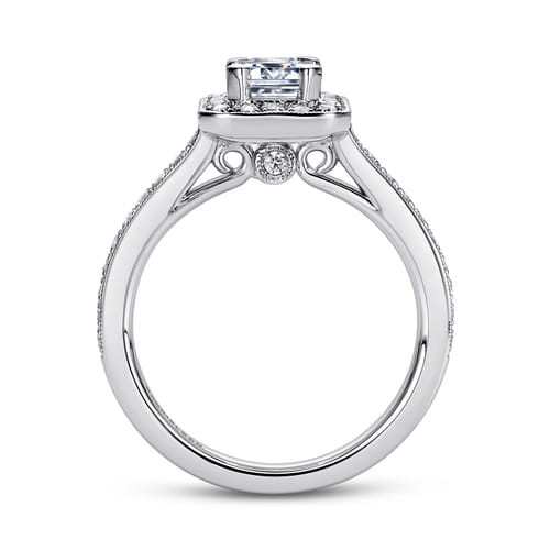 Vintage Inspired 14K White Gold Emerald Halo Diamond Engagement Ring