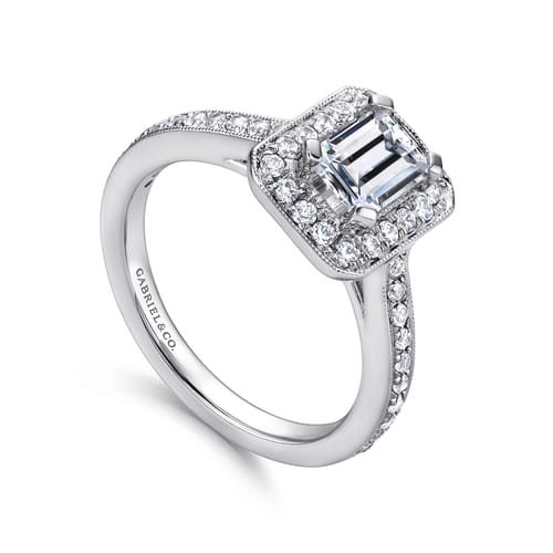 Vintage Inspired 14K White Gold Emerald Halo Diamond Engagement Ring