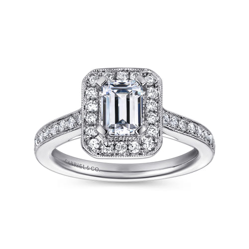 Vintage Inspired 14K White Gold Emerald Halo Diamond Engagement Ring