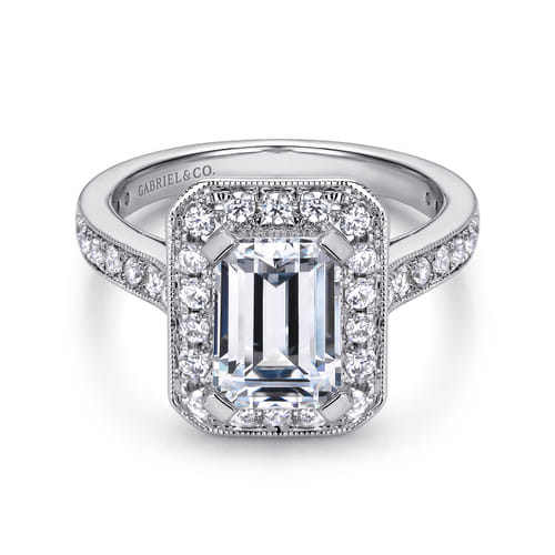 Vintage Inspired 14K White Gold Emerald Halo Diamond Engagement Ring