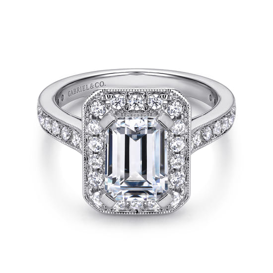 Gabriel - Vintage Inspired 14K White Gold Emerald Halo Diamond Engagement Ring