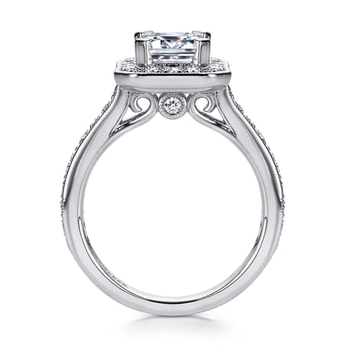 Vintage Inspired 14K White Gold Emerald Halo Diamond Engagement Ring