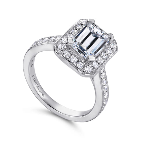 Vintage Inspired 14K White Gold Emerald Halo Diamond Engagement Ring
