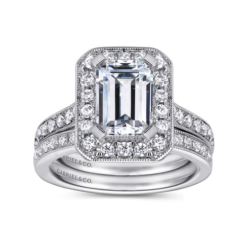 Vintage Inspired 14K White Gold Emerald Halo Diamond Engagement Ring