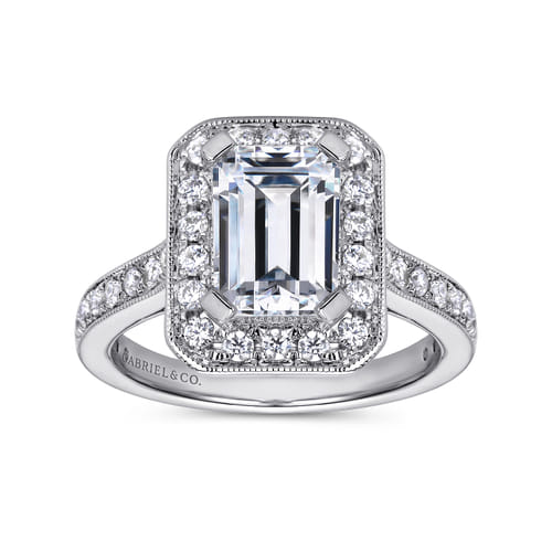 Vintage Inspired 14K White Gold Emerald Halo Diamond Engagement Ring