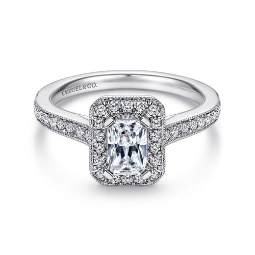 Vintage Inspired 14K White Gold Emerald Halo Diamond Engagement Ring