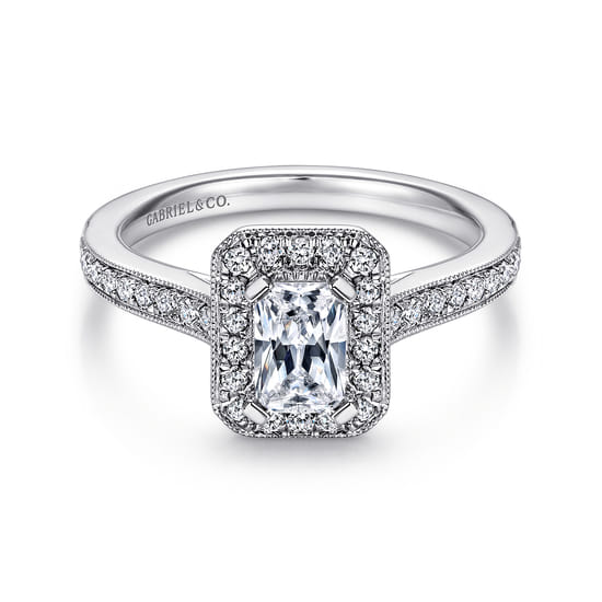Gabriel - Vintage Inspired 14K White Gold Emerald Halo Diamond Engagement Ring