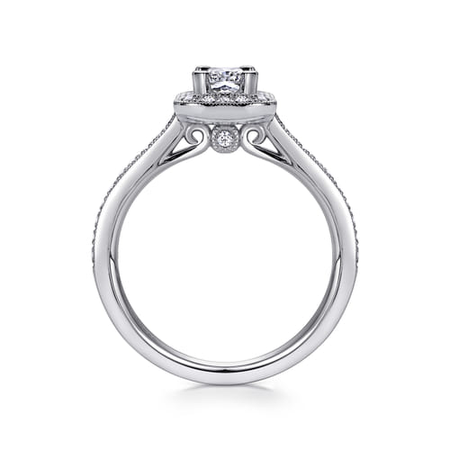 Vintage Inspired 14K White Gold Emerald Halo Diamond Engagement Ring
