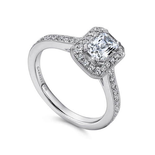 Vintage Inspired 14K White Gold Emerald Halo Diamond Engagement Ring