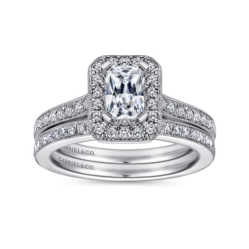 Vintage Inspired 14K White Gold Emerald Halo Diamond Engagement Ring
